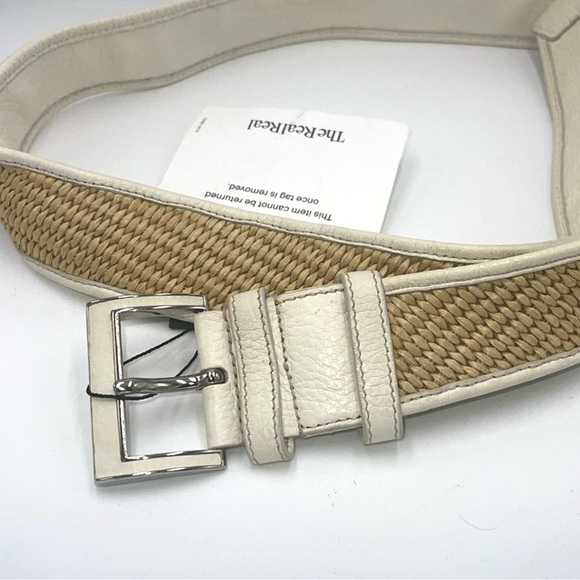 Slightly Used White leather & tan woven jute Prada belt with silver-tone - Picture 3 of 12